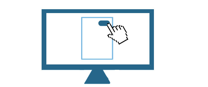 Bildschirm mit digitaler Hand als Cursor. Sie zeigt auf einen Button in einem Dokument