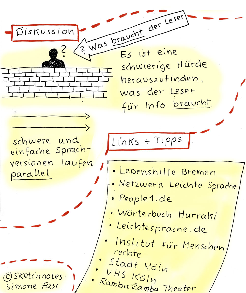 Diskussion: Was braucht der Leser? schwierige Hürde, was der Leser für Info baucht. schwere und einfache Sprachversionen laufen parallel. Links und Tipps: Lebenshilfe Bremen, Netzwerk Leichte Sprache, people1.de, Wörterbuch Hurraki, leichtesprache.de, Institut für Menschenrechte, Stadt Köln, VHS Köln, Ramba Zamba Theater