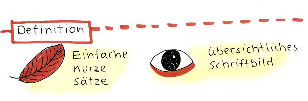 Definition: einfache kurze Sätze, überschriftliches Schriftbild.