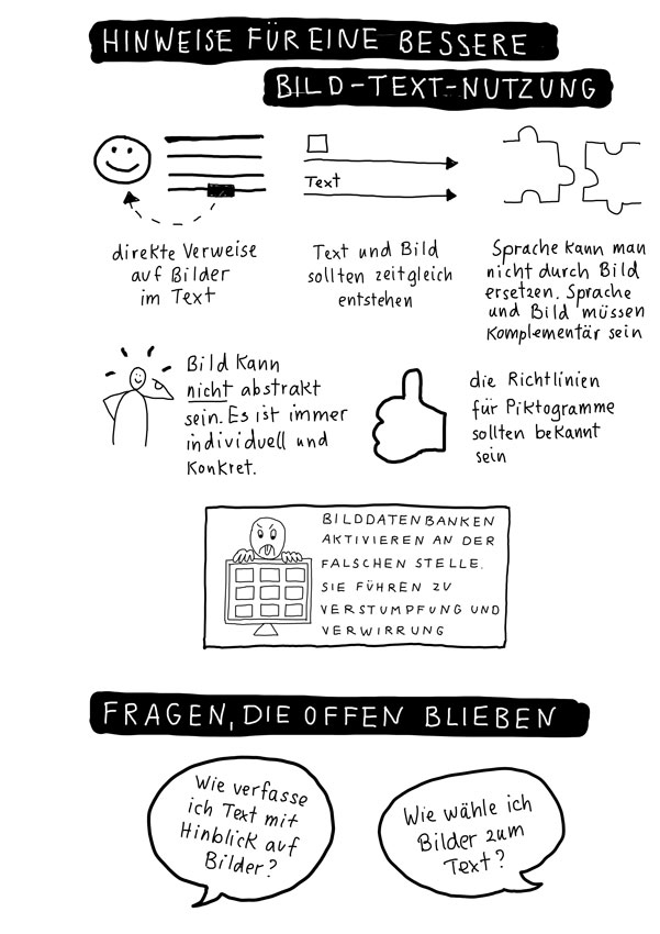 Hinweise für eine bessere Text-Bild-Nutzung: direkte Verweise auf Bilder, Text und Bild sollten zeitgleich entstehen, Sprache kann man nicht durch Bild ersetzen. Text und Bild sollten komplementär sein. Ein Bild kann NICHT abstrakt sein, es ist immer individuell. Die Richtlinien für Piktogramme sollten bekannt sein.