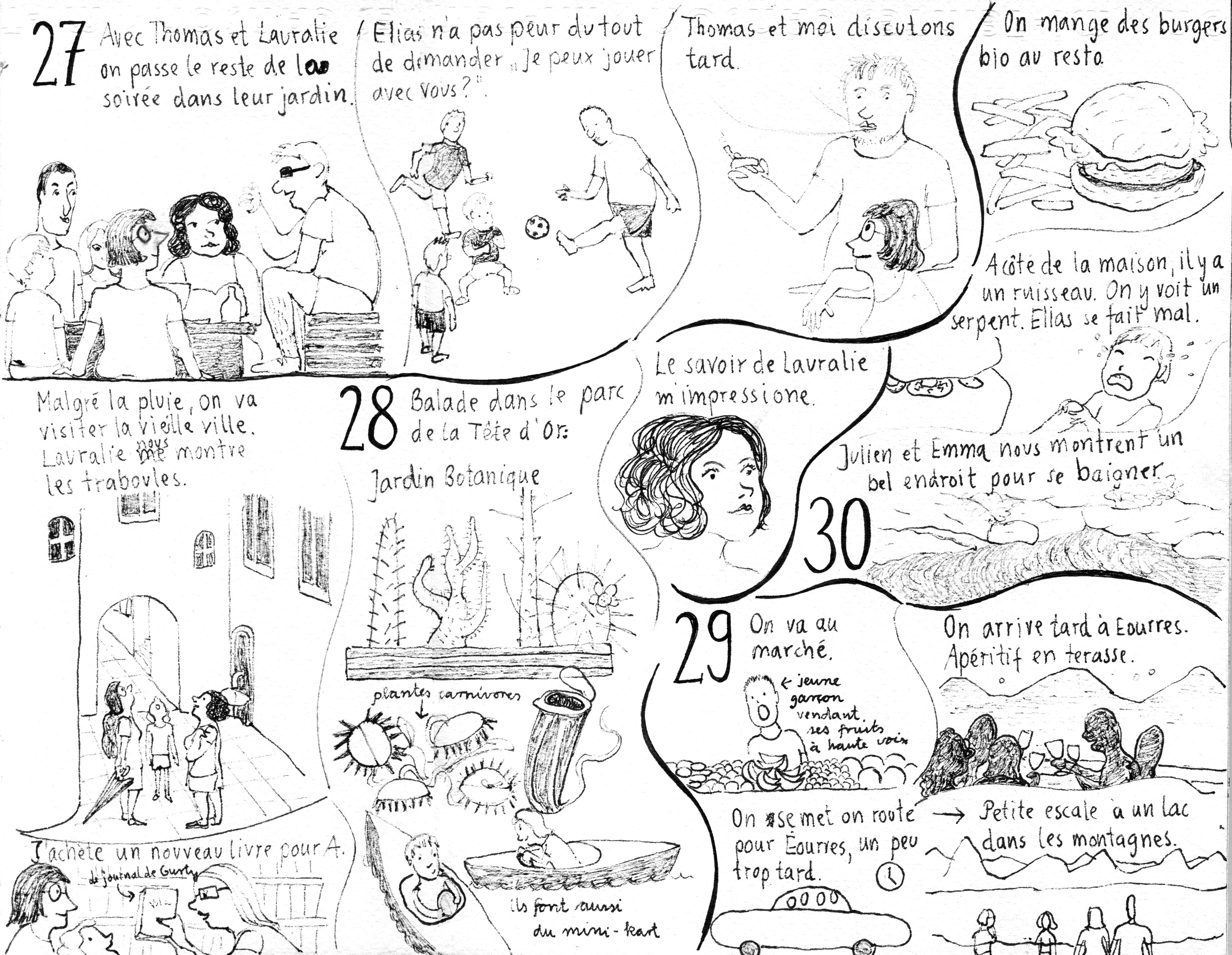 Seite aus Sketchnotes-Tagebuch. 27. bis 30.8.. Lockere "Patchwork"-Anordnung. Felder durch gewellte Linien voneinander getrennt. Strichzeichnungen sind mit grauen Schattierungen aufgewertet. Text immer oben, Bild unten. Insgesamt wirkt es waber durch die Patchwork-Anordnung etwas chaotisch. Szenen sehr entspannt: Grillen im Garten, Fußball, Hamburger und Pommes, botanischer Garten, Besichtigung Innenstadt