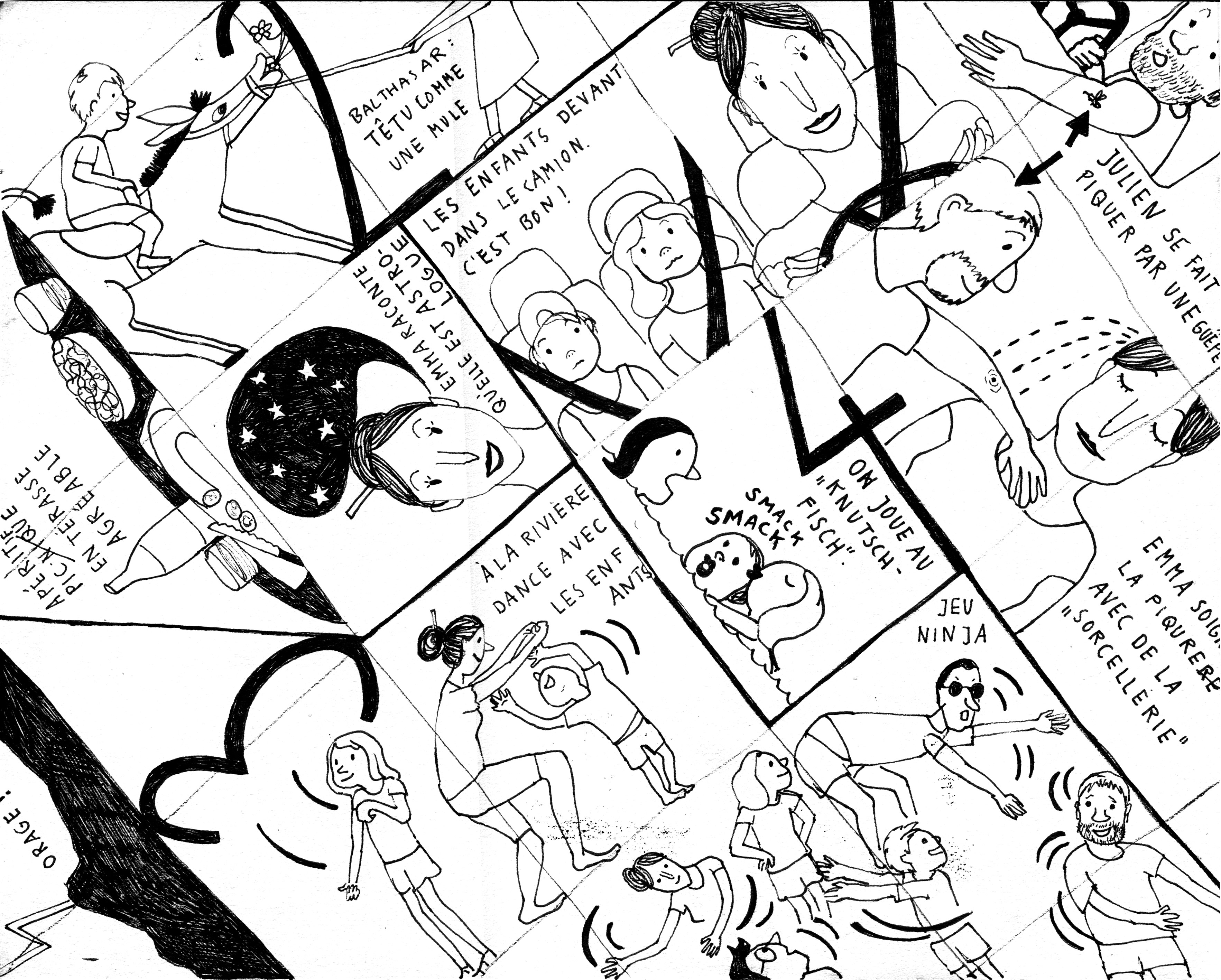 Seite aus visualisiertem Sketchnotes-Tagebuch. Zeichnungen mit Feinleiner. Anordnung in einer Art Comic-Panels, die diagonal übers Blatt angeordnet sind. Dadurch "wilde" Anmutung. Sieht sehr experimentell aus.