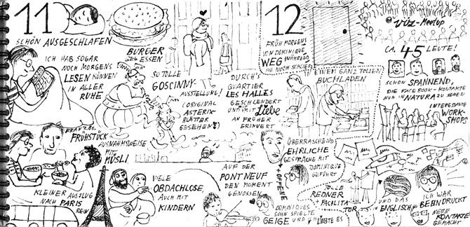 Seite aus Sketchnotes-Tagebuch 11. und 12. November: Sehr volles Blatt mit vielen kleinen feinen Illustrationen aus feinliner-Strichen und Text in Großbuchstaben.