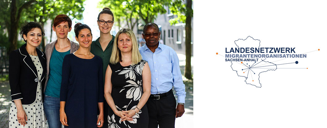 Teamfoto und Logo Landesnetzwerk Migrantenorganisationen Sachsen-Anhalt (Lamsa e.V.)