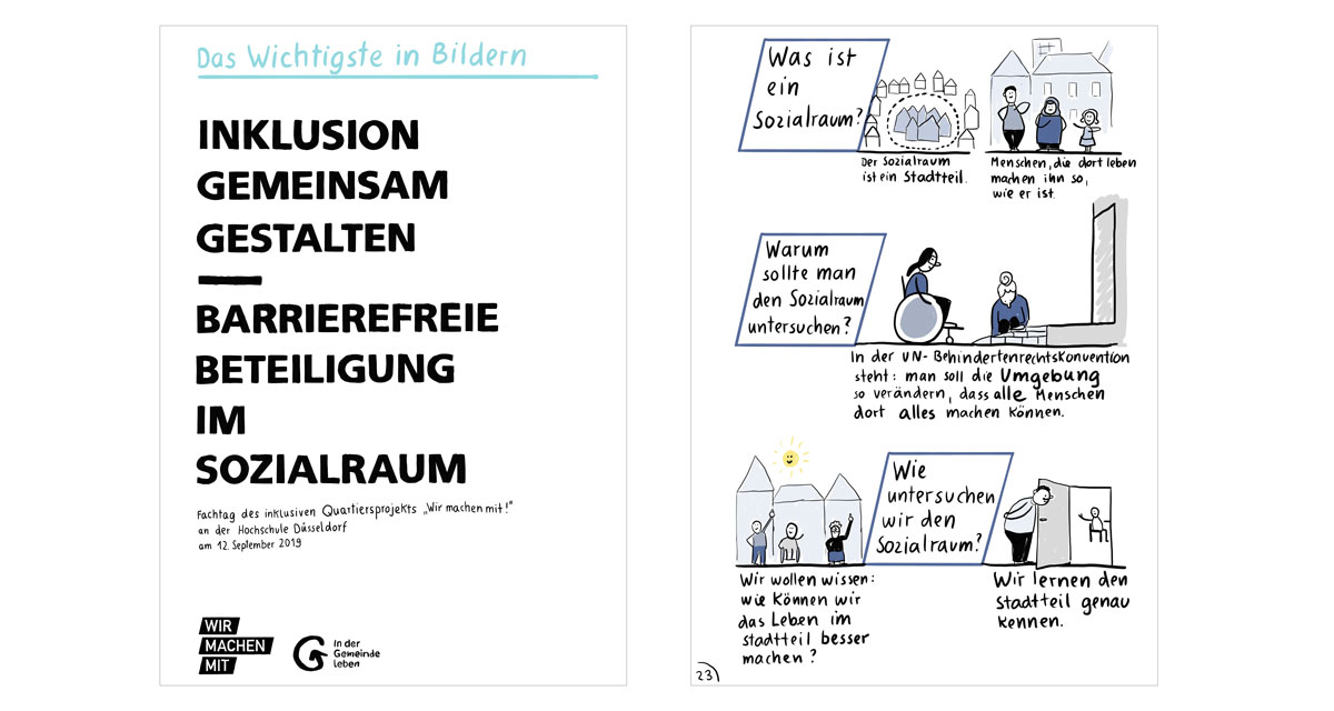Deckblatt: Das Wichtigste in Bildern, Inklusion gemeinsam gestalten — Barrierefreie Beteiligung im Sozialraum. 4 A4-Seiten: Das Wichtigste in Bildern: Inklusion gemeinsam gestalten – barrierefreie Beteiligung im Sozialraum. Fachtag des inklusiven Quartiersprojekts