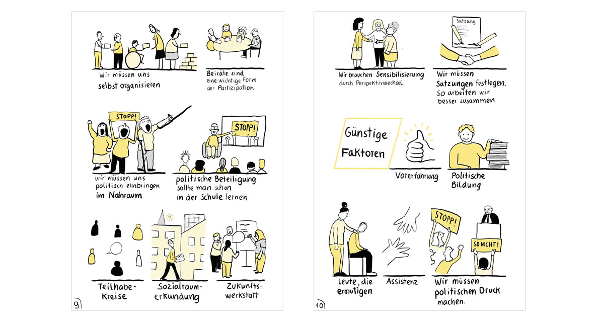 Wir müssen uns selbst organisieren. Beiräte sind eine wichtige Form der Partizipation. Wir müssen uns politisch einbringen im Nahraum. Politische Beteiligung sollte man schon in der Schule lernen. Teilhabekreise, Sozialraumerkundung, Zukunftswerkstatt. Wir brauchen Sensibilisierung durch Perspektivwechsel. Wir müssen Satzungen festlegen. So arbeiten wir besser zusammen. Günstige Faktoren: Vorerfahrung, politische Bildung, Leute, die ermutigen, Assistenz, wir müssen politischen Druck machen.