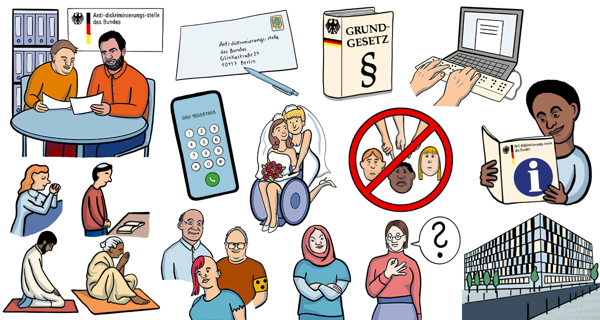 13 verschiedene Illustrationen: eine beratungssituation im Office des ADB, Breifumschlag mit Stift, Smartphone, 4 betende Personen aus verschiedenen Religionen, eine junge muslimische Frau steht selbstbewusst mit verschränkten Armen da, ein blinder Mensch, eine Punkerin, ein älterer Mann, eine Frau gebärdet