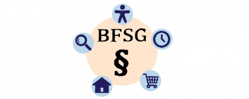 Digitale Zeichnung eines Gesetzbuches. Es ist in der Mitte des Bildes. Auf ihm steht: BFSG und das Paragrafenzeichen. Um das Buch herum sind 5 Piktogramme gezeichnet.
