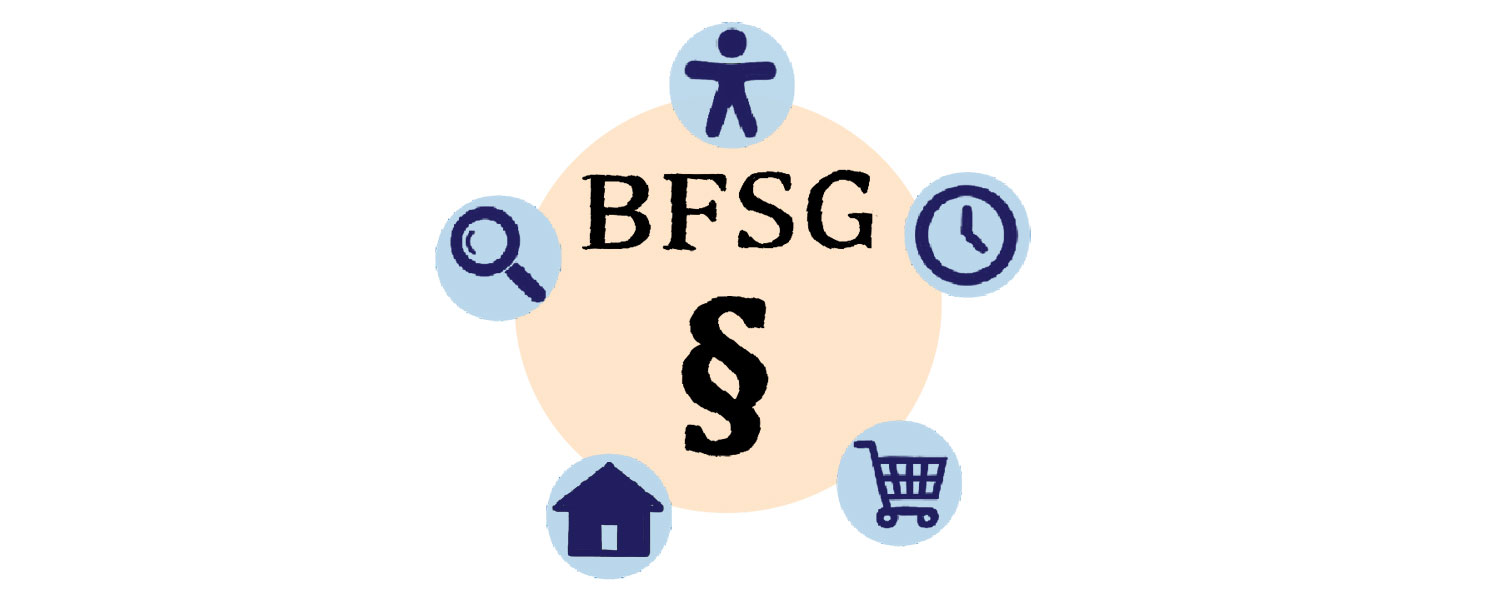 Digitale Zeichnung eines Gesetzbuches. Es ist in der Mitte des Bildes. Auf ihm steht: BFSG und das Paragrafenzeichen. Um das Buch herum sind 5 Piktogramme gezeichnet.