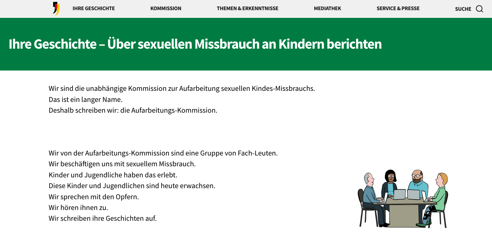 Screenshot einer Internetseite in Leichter Sprache. Im Text links geht es um die Kommission für Aufarbeitung. Eine Illustration ist rechts lebendem Text und zeigt vier Menschen, die zusammen an einem Tisch arbeiten an Rechnern.