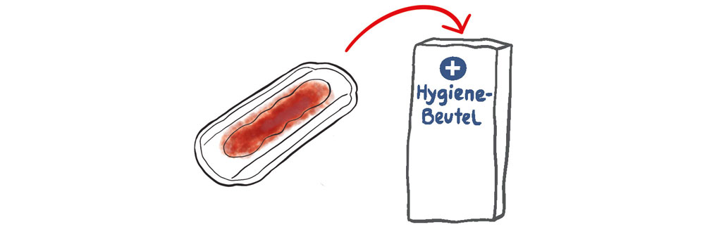 Zeichnung: eine blutige Binde und ein Hygienebeutel. Von der Binde geht ein Pfeil zum Beutel.