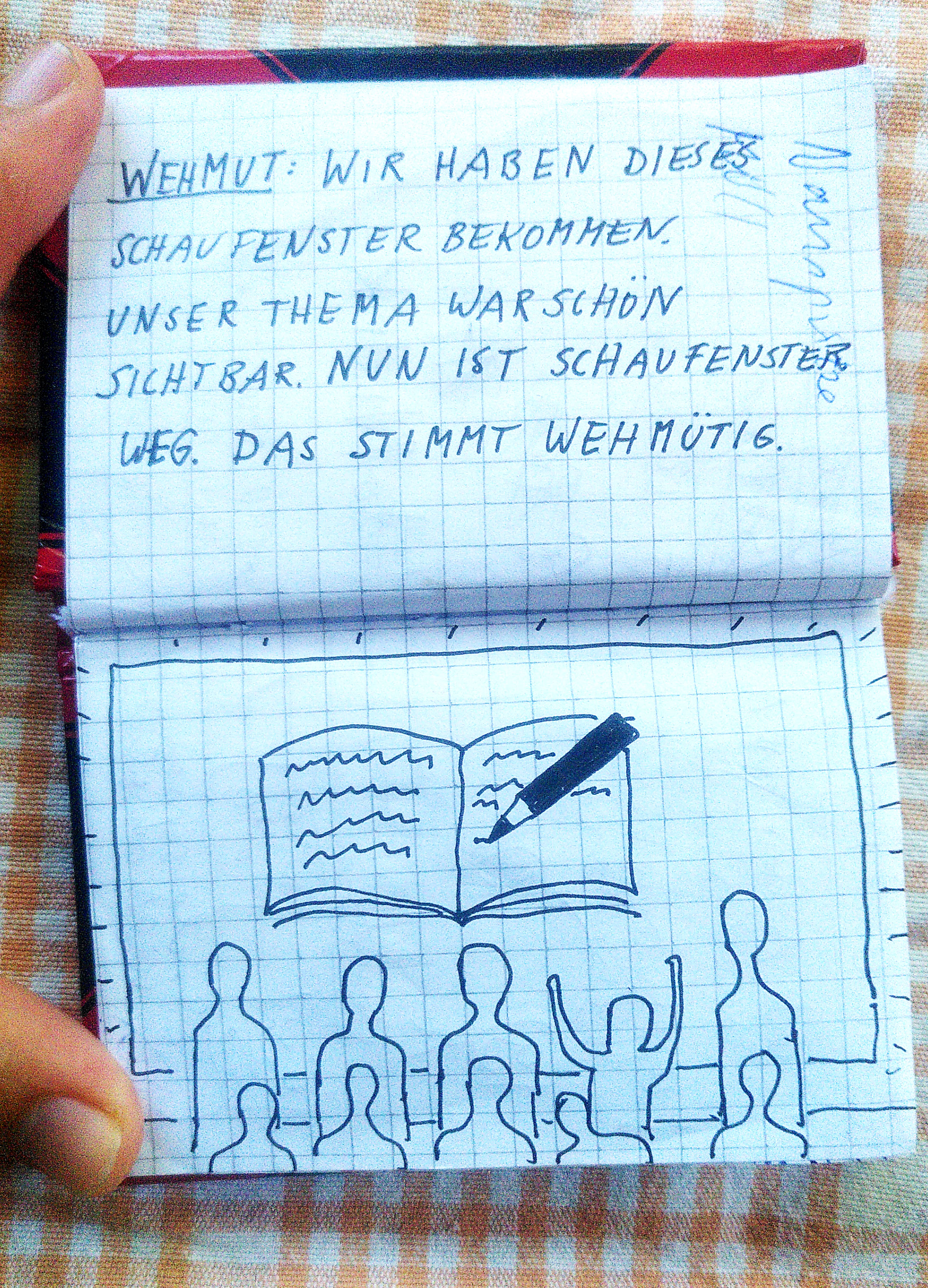 Aufgeklapttes Notizbüchlein. Darin der unten genannte Text und eine Skizze. Darin sieht man mehrere Personen am unteren Rand. Sie schauen nach oben in ein Schaufenster. Darin ist ein aufgeklapprtes Buch, in das ein Stift gerade etwas hineinschreibt.