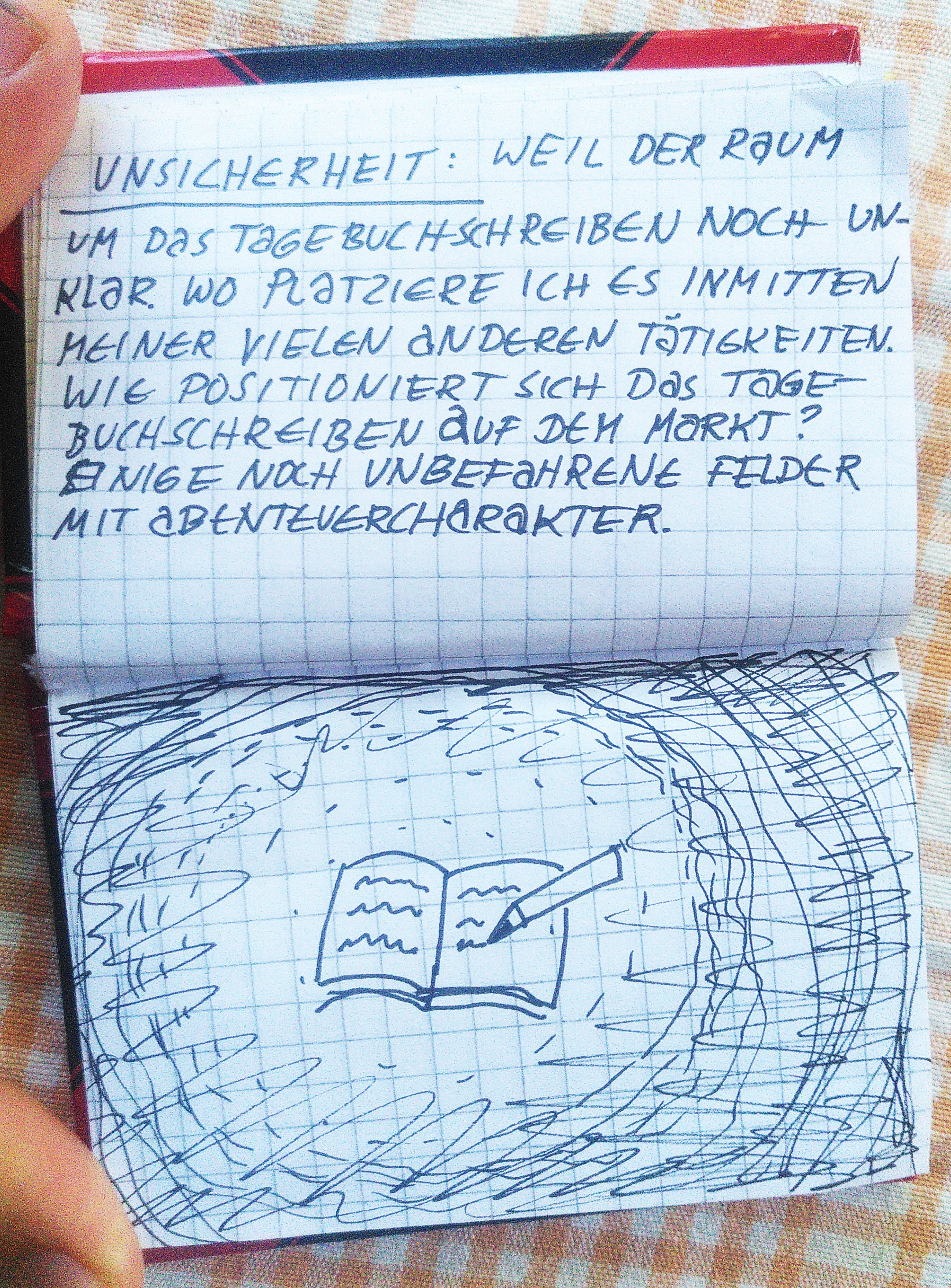 Aufgeklapttes Notizbüchlein. Darin der unten genannte Text und eine Skizze. Darin sieht man ein aufgeklapptes Notizbuch in der Mitte. Ein Stift schreibt darin. Drum herum ist Dunkelheit.