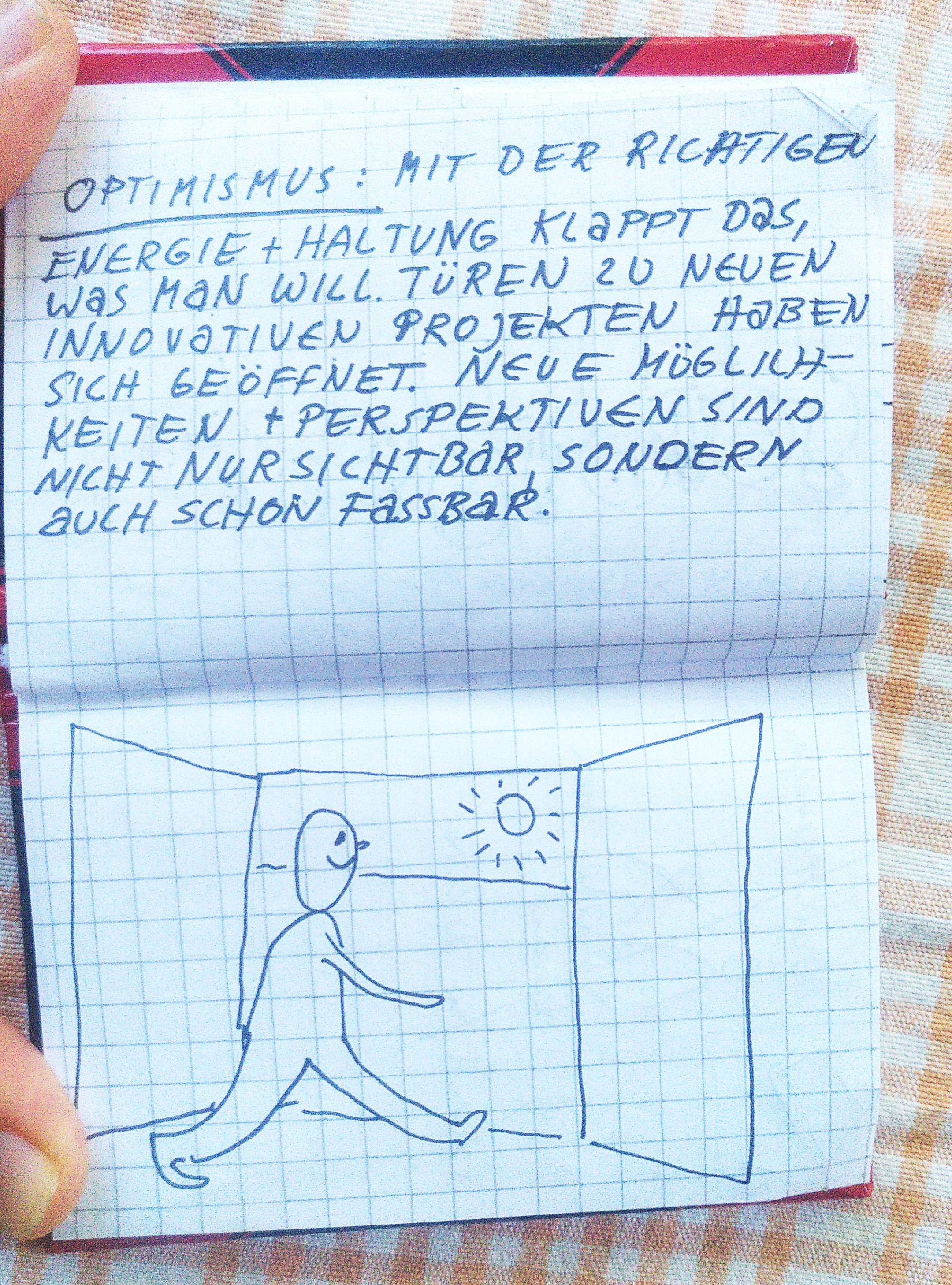 Aufgeklapttes Notizbüchlein. Darin der unten genannte Text und eine Skizze. Darin sieht man eine Person, wie sie lächelnd durch eine weit geöffnete Tür hunausgeht. Draußen sieht man einen weiten Horizont und eine Sonen scheint.