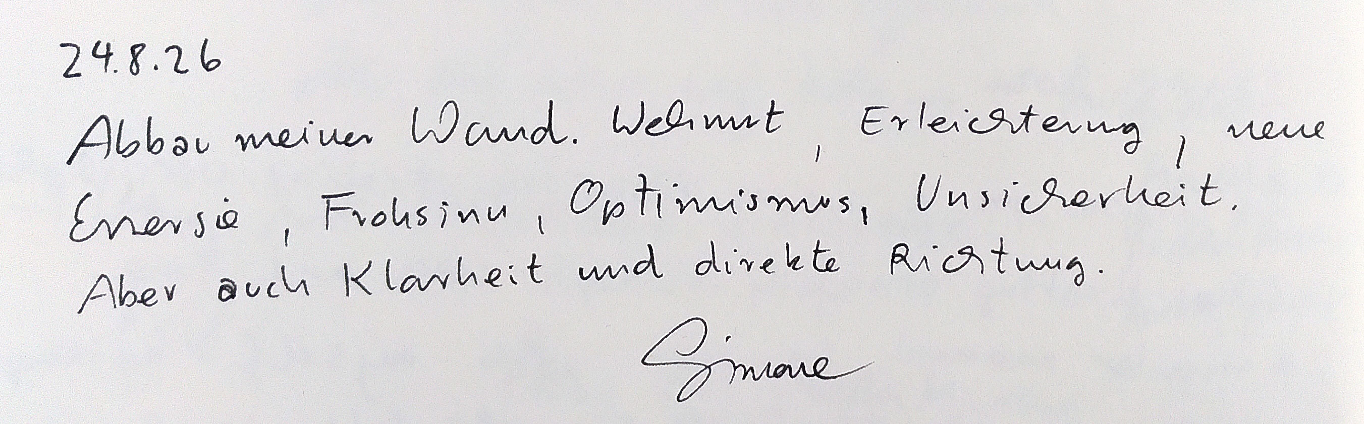 Handgeschriebener Text auf einem Blatt Papier: „Abbau meiner Wand. Wehmut, Erleichterung, neue Energie, Frohsinn, Optimismus, Unsicherheit. Aber auch Klarheit und direkte Richtung.“