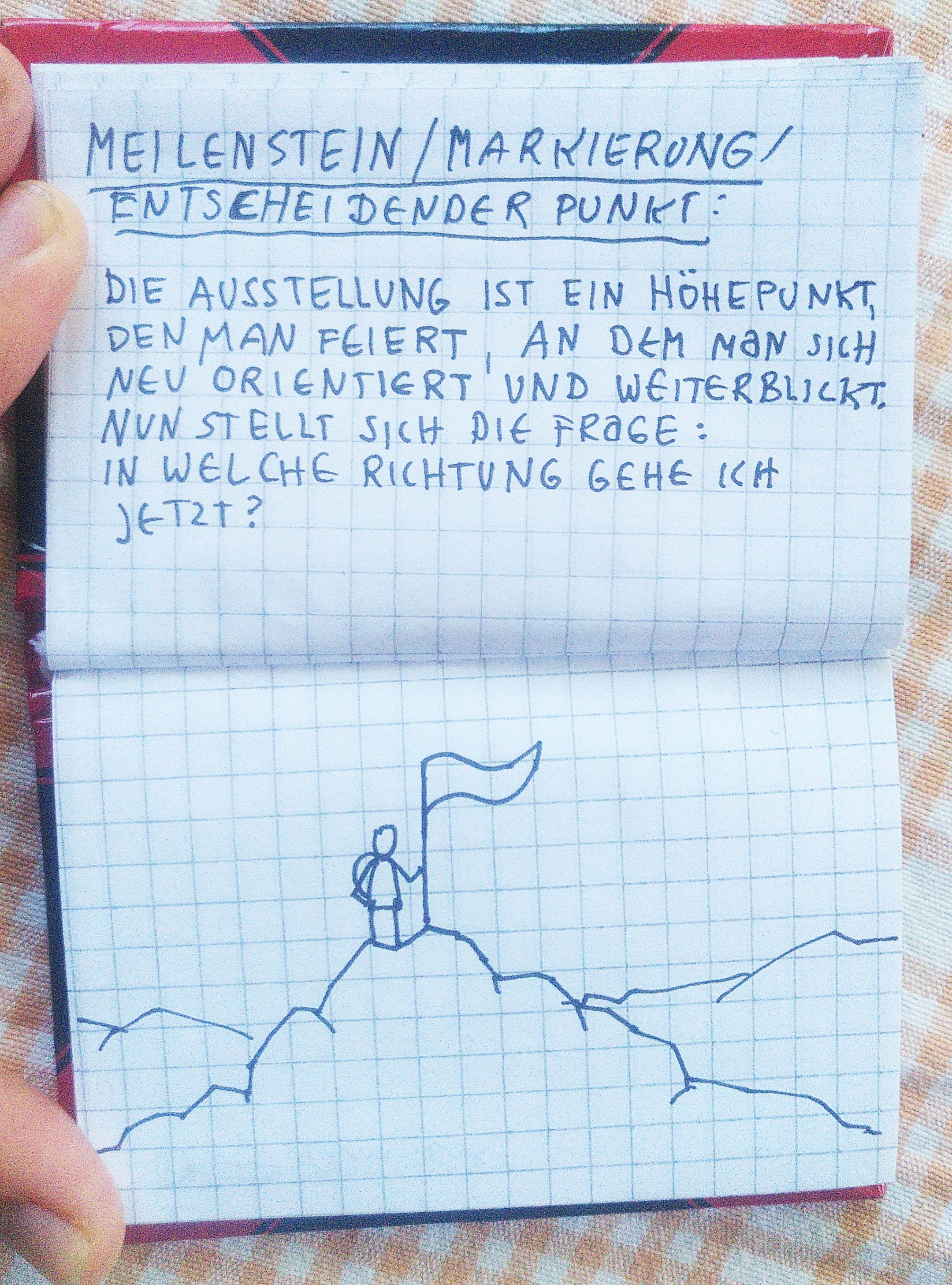 Aufgeklapttes Notizbüchlein. Darin der unten genannte Text und eine Skizze. Darin sieht man eien berglandschaft. Auf dem Berg in der Mitet steht eine Figur mit Rucksack neben einer Fahne, die auf der Bergspitze ist.