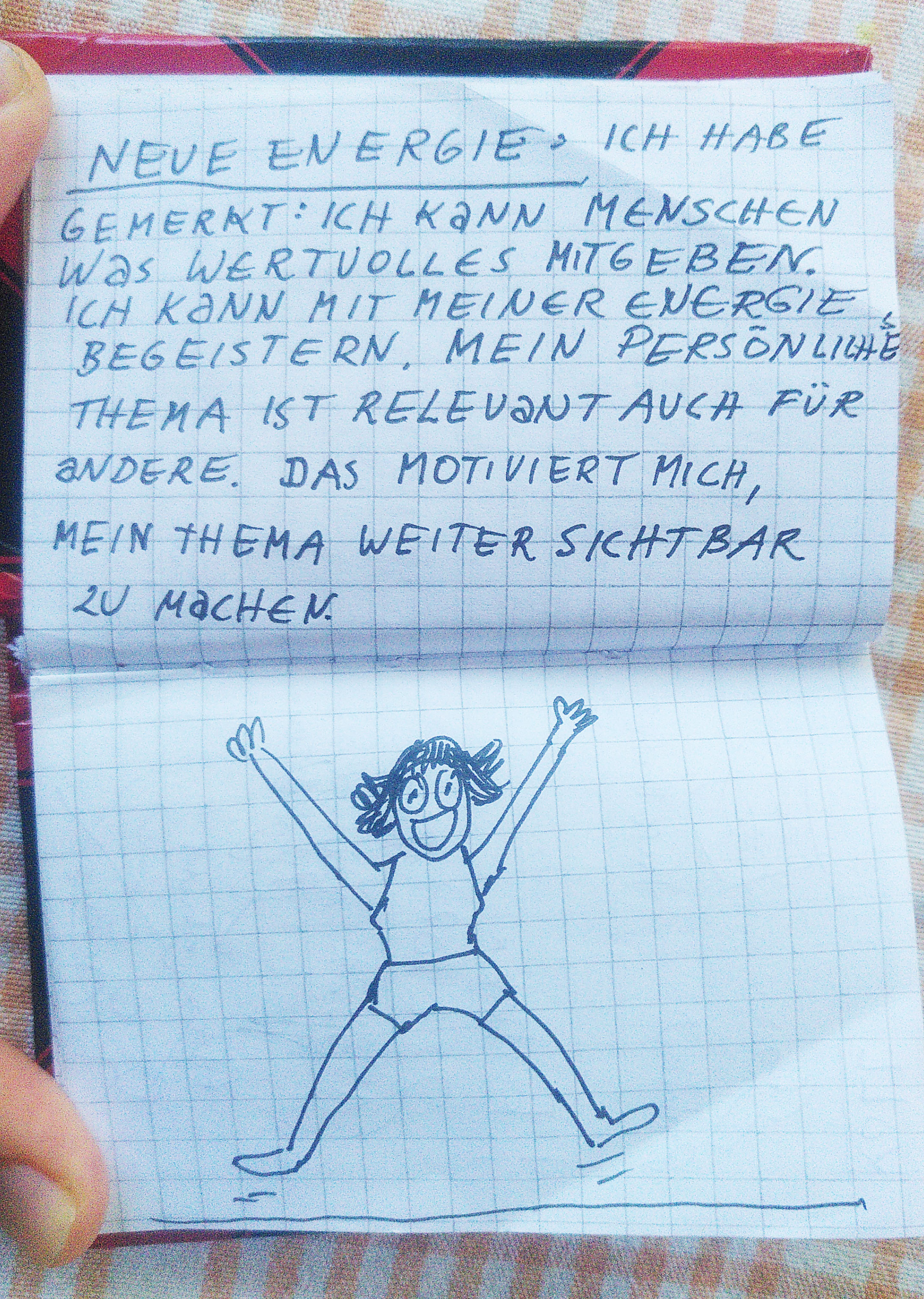 Aufgeklapttes Notizbüchlein. Darin der unten genannte Text und eine Skizze. Darin sieht man Simone einmal, wie sie mit ausgestreckten Beinen und Armen in die Luft springt. Dabei schaut sie fröhlich nach vorne.