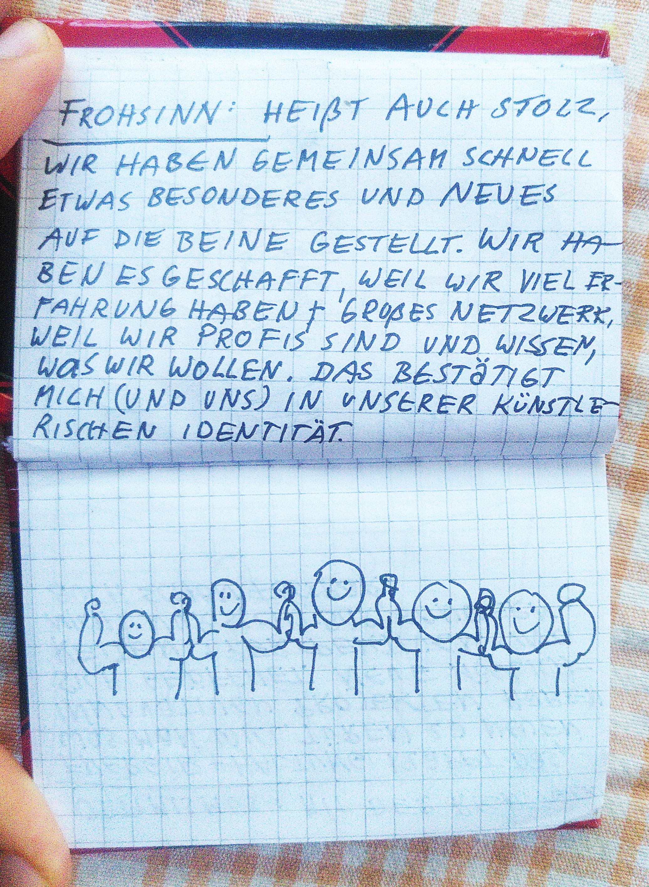 Aufgeklapttes Notizbüchlein. Darin der unten genannte Text und eine Skizze. Darin sieht man 5 Personen, wie sie in einer Reihe stehen, sich gegenseitig oben die Hände halten und lachen und nach vorne schauen.