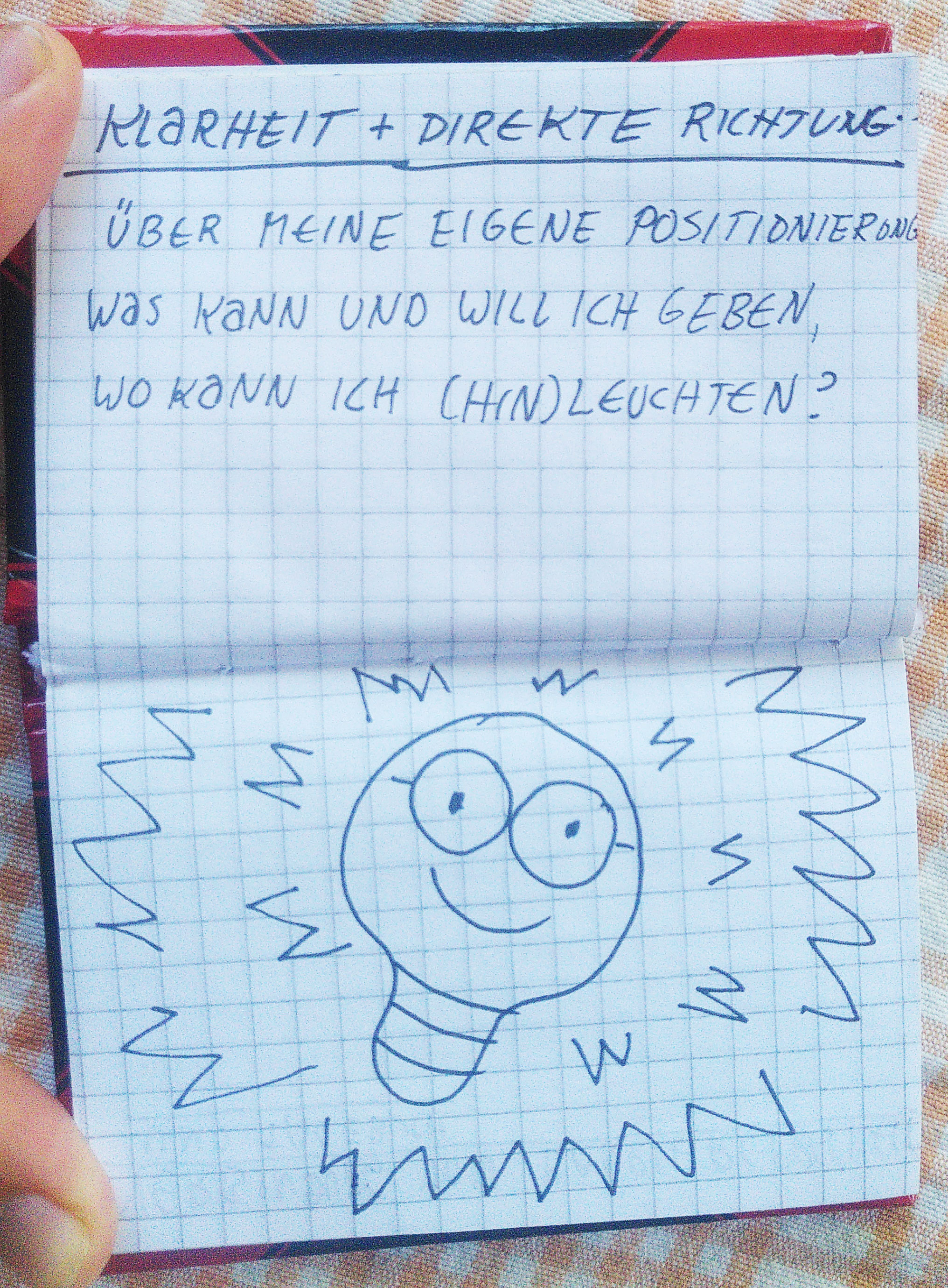 Aufgeklapttes Notizbüchlein. Darin der unten genannte Text und eine Skizze. Darin sieht man eine Glühbirne mit Brille und Gesicht. Sie strahlt.