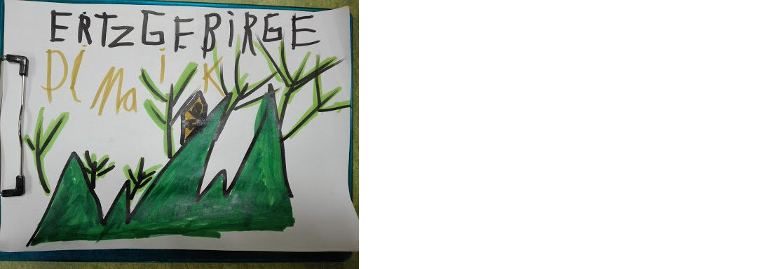 Zeichnung von Maik: Grüne Berge mit Bäumen drauf. Sehr naturbelassen.