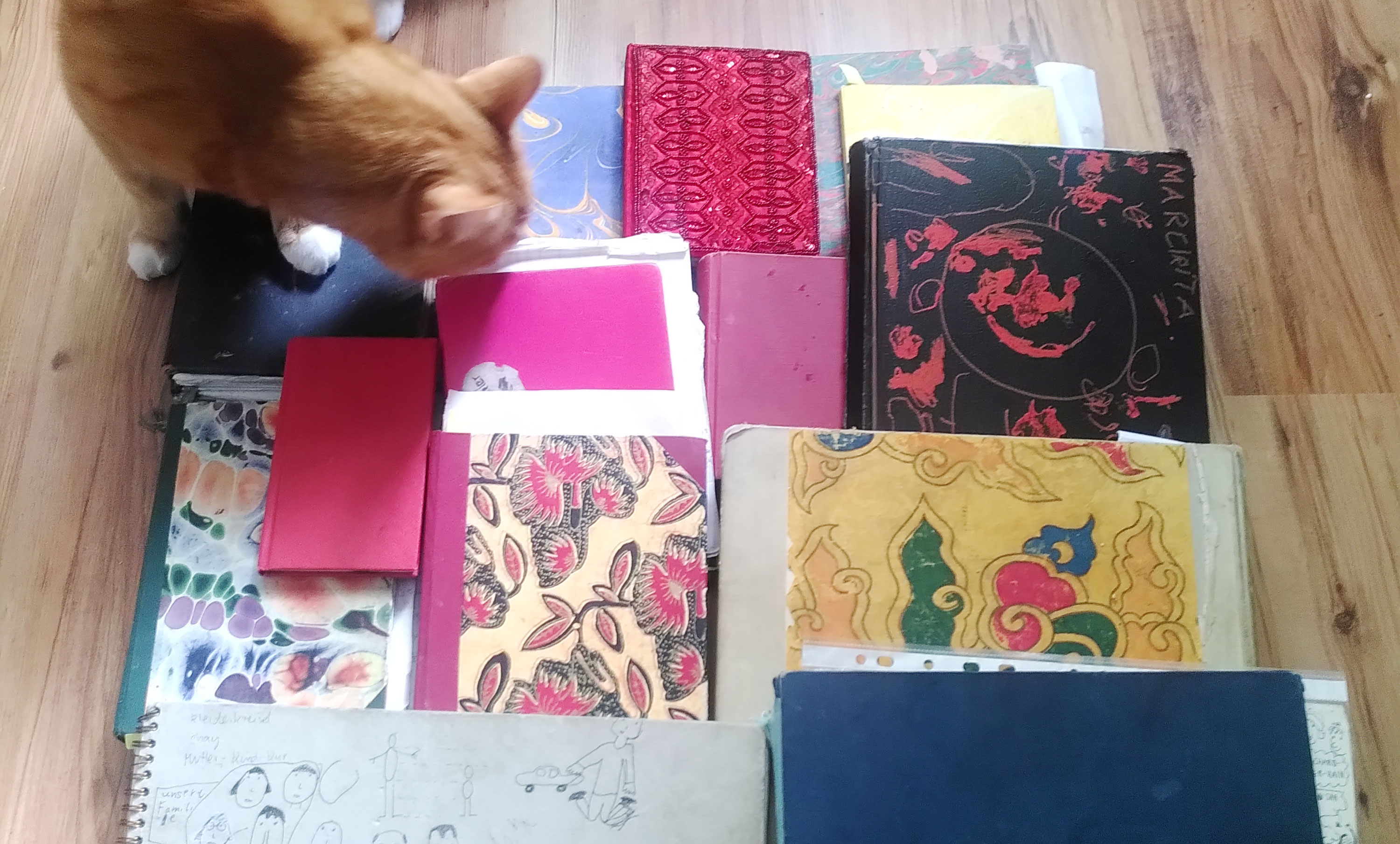 Foto von circa 15 verschiedenen Skizzenbüchern, die quadratisch angeordnet auf einem Boden liegen. Die Bücher haben verschiedene Papiere als Deckblätter. Verschiedene Muster und verschiedene Farben. Die Bücher liegen auf einem Laminatbogen. Auf der oberen Ecke des Bücherhaufens steht eine orangene Katze, die die Bücher beschnuppert.