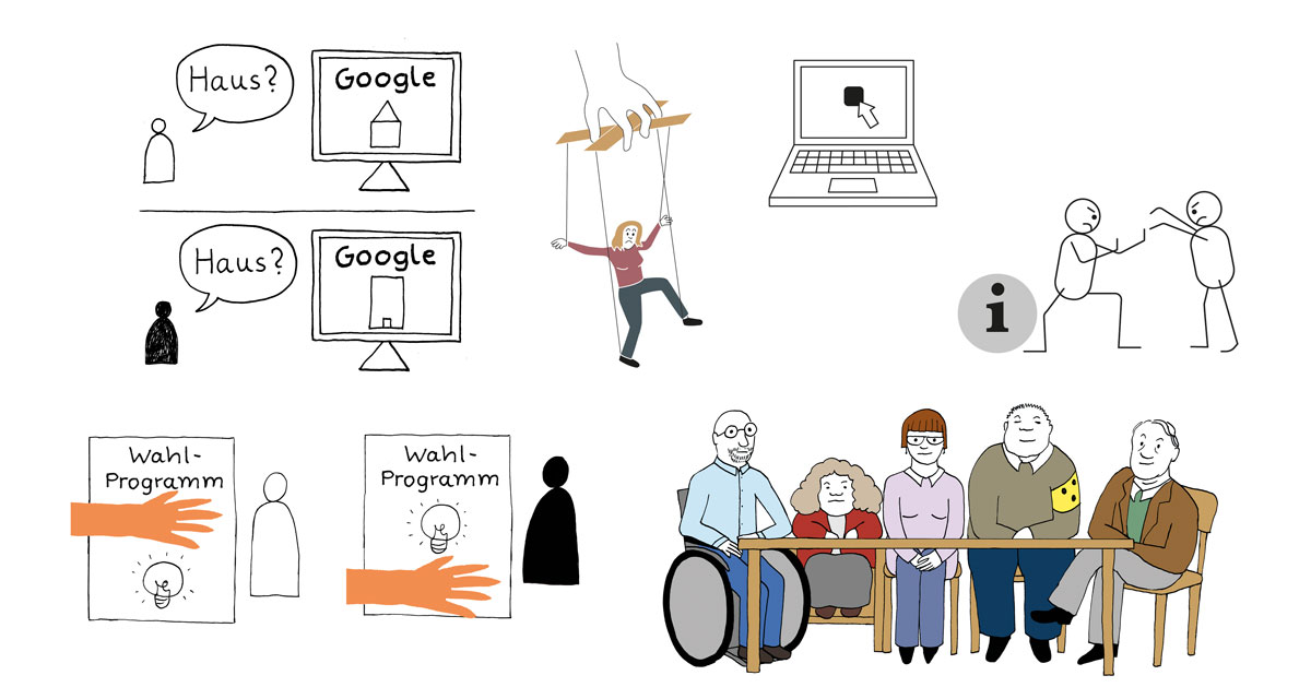 6 kleine Illustrationen in verschiedenen Stilen. Bild 1: zwei Teile: im ersten Teil fragt ein Mensch Gogle nach