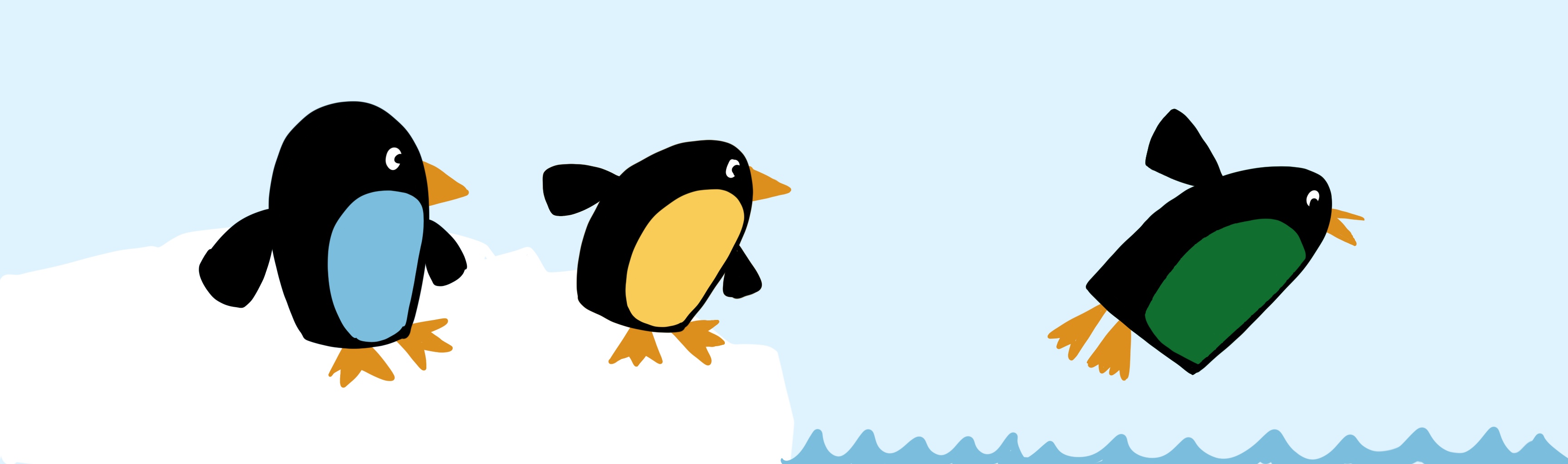Zeichnung dreier Pinguine. Einer springt gerade lustig von einer Eisscholle ins Wasser. Die zwei anderen gucken ihm von der EWischolle hinterher.