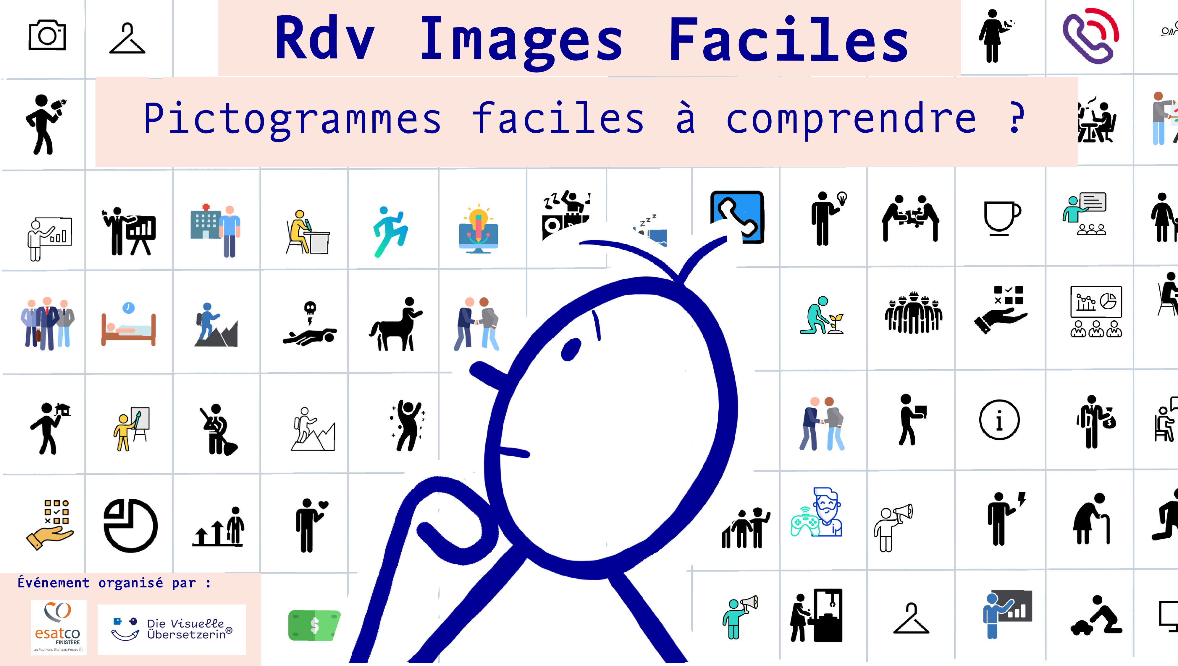 Dans le fond, il y a beaucoup de pictogrammes différents rangés dans des carrés réguliers. En haut en lettres bleues avec une police d'écriture technique, il est écrit 