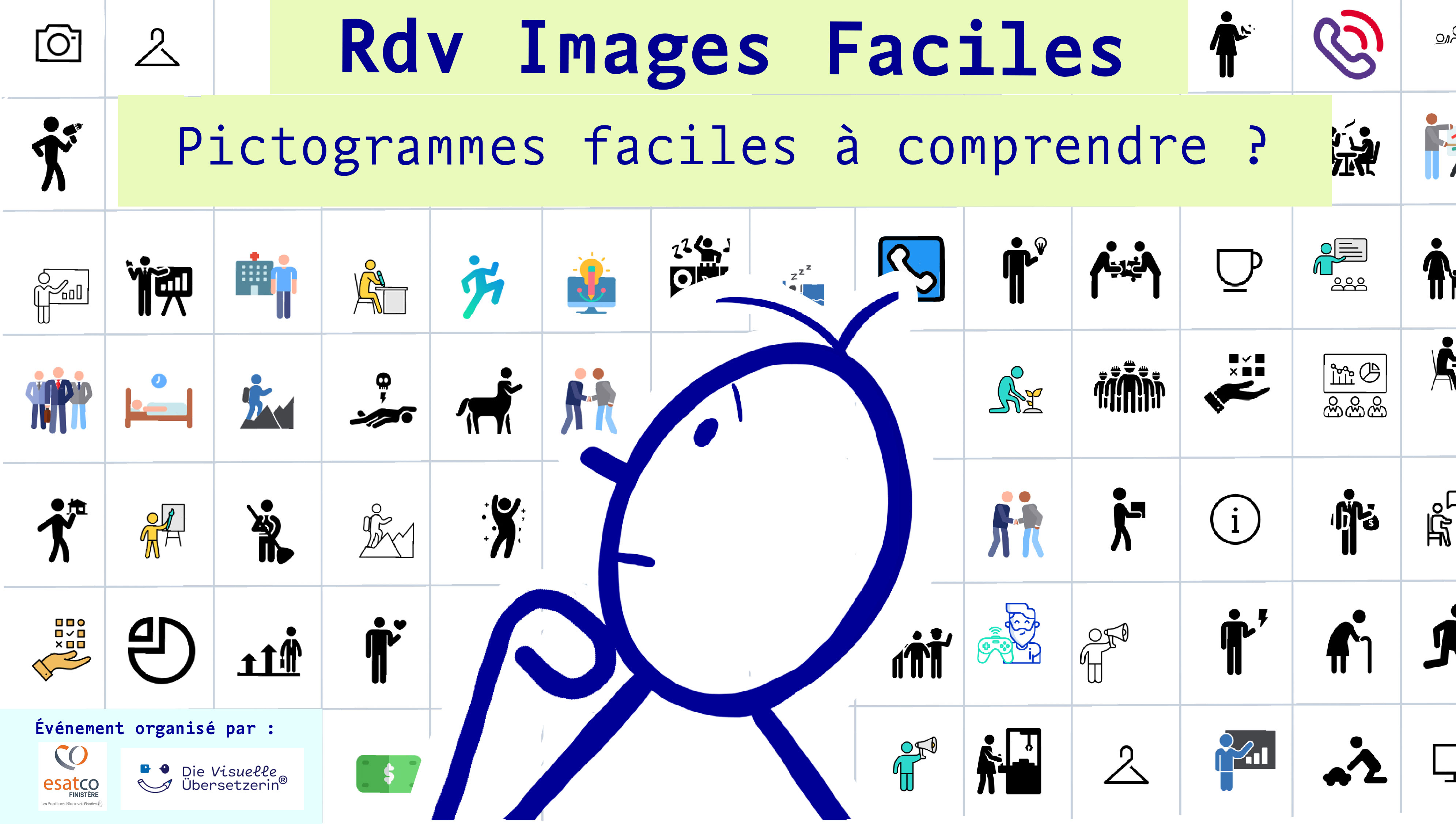 Dans le fond, il y a beaucoup de pictogrammes différents rangés dans des carrés réguliers. En haut en lettres bleues avec une police d'écriture technique, il est écrit 