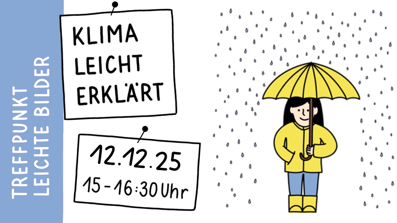Links ist Text und rechts eine einfache Zeichnung. Im Text steht: Klima leicht erklärt. Daneben stehen die Zeiten und Name des Events. Die Zeichnung zeigt eine Frau mit langen schwarzen Haaren mitgelben Regenschirm, Regenmantel und Regerstifel und blaue Hose. Sie steht im Regen und lächelt