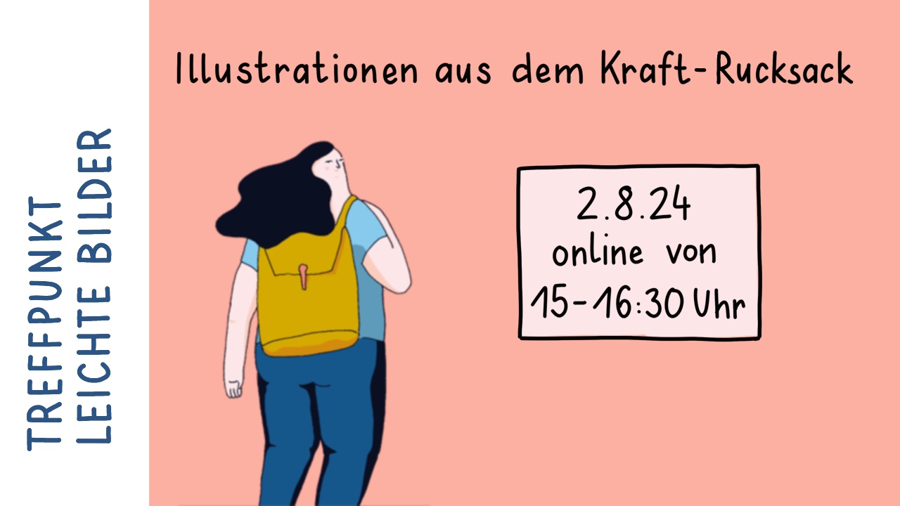 Daten der Veranstaltung mit dem Coverbild des Kraftrucksacks. Das Coverbild ist die Zeichnung einer jungen Frau , die einen Rucksack trägt.