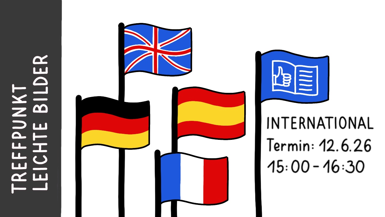 In der Zeichnung sind 5 Flaggen: die deutsche, die französische, die spanisch, die britische und eine blaue Flagge mit einem Buch und einem Daumen hoch.  Darüber stehen die Eckdaten zum Treffpunkt Leichte Bilder.