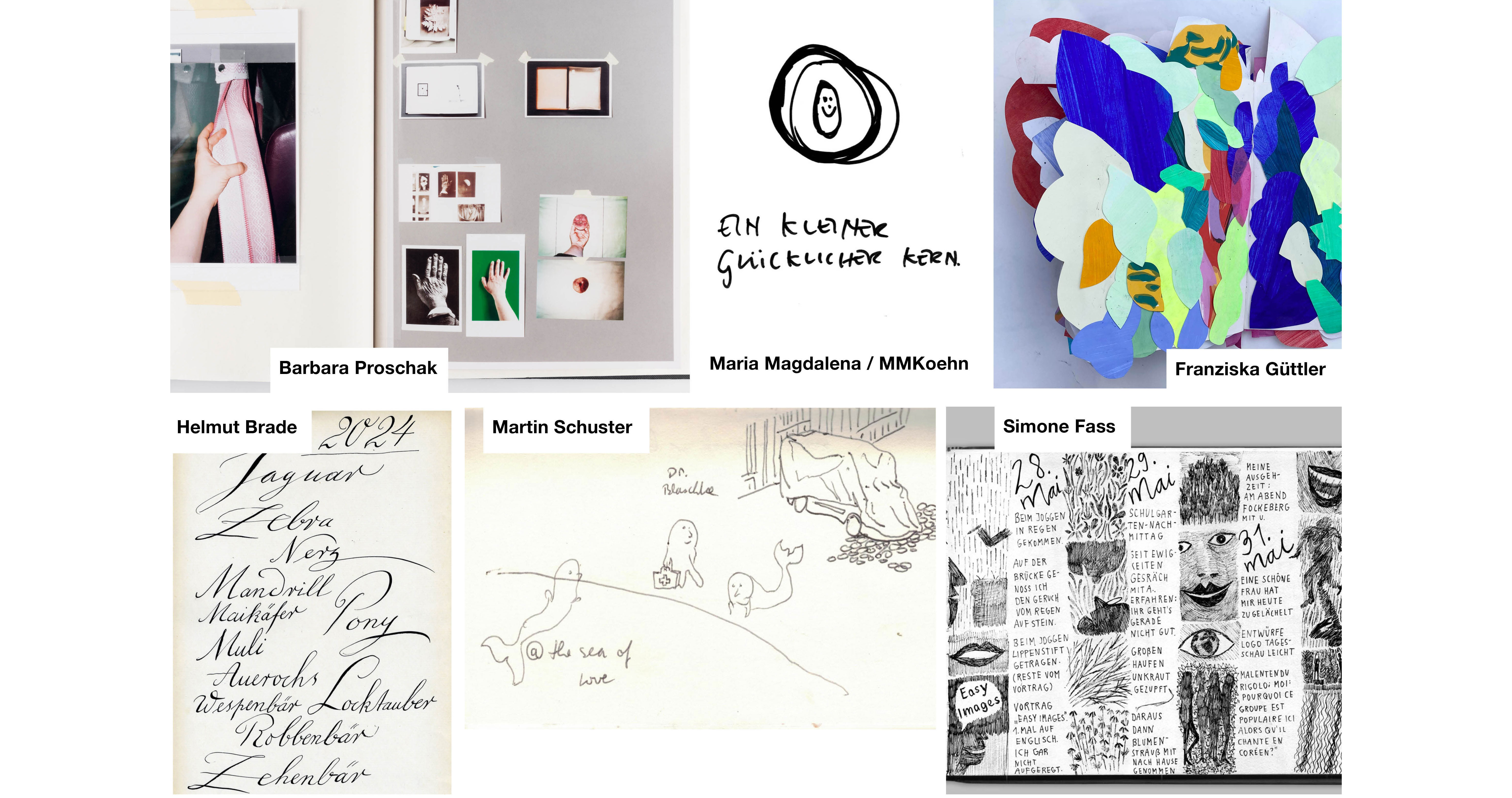 Collage aus 6 Bildern von Tagebüchern der 6 teilnehmenden Künstler*innen. Ein Buch mit Fotocollagen, eine schnelle Skizze mit Text 