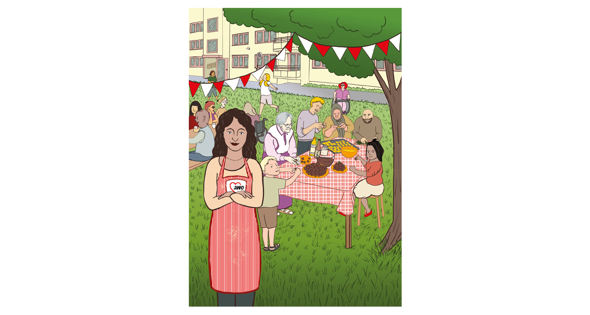 Farbiger Illustration. Es ist eine selbstbewusste junge Frau zu sehen mit AWO-Schürze, die in einem Garten in einem Neubauwohnkomplex posiert. Hinter ihr bereitet eine gut gelaunte Gruppe gemischter Leute Essen vor. Im Hintergrund essen und trinken Leute an einem Biergartentisch und spielen Federball. Es ist gutes Wetter und es herrscht eine ausgelassenen fröhliche Stimmung.