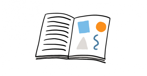 Zeichnung eines geöffneten Buches. Auf einer Seite ist Text angedeutet, auf der anderen eine abstrakte Grafik.