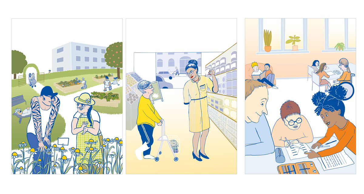 3 Illustrationen. Bild 1 (grün): ein junger Mann und eine mittelalte Frau mit Sonnenhut stehen vor einem Blumenbeet in einem öffentlichen Garten einer Stadt. Sie unterhalten sich mit Gebärdensprache. Am Beet ist ein kleines Schild angebracht, das auf die Blumenart hinweist. Im hntergrund die große Flächae des Gartens mit befahrbahrren Hochbeeten und Menschen, die darin gärtnern. In einer Ecke stehen eine Bak und Liege, auf der sich gerade ein Mann ausruht. Der Garten ist umgeben von einem Strauch als Abgrenzung zur Straße. Durch ein überwachsenes uberwachsenes Gartentor treten gerade zwei Frauen mit Kinderwagen und Kind ein. Weiter im Hintergund auf der Straße ragt ein 50 er Jahre gepflegter Plattenbau in die Höhe. Bild 2: Supermarkt am Regal. Eine junge Frau mit Rollator und Gips am Bein fragt eine Verkäuferin mit einem Arm, ihr ein Lebensmittel aus dem oberen Regal zu reichen. Die verkäuferin reicht s ihr freundlich. Die Käuferin ist zufrieden. Bild 3: Schulklasse. Zwei Tischgruppen, an denen Kndern arbeiten. Hinten eine Kissenecke, auf denen zwei Jungs Bücher lesen. Eine lehrerein im Rollstuhl hilft zwei Mädchen am Tisch beim Arbeiten. Im Vordergrund: ein Mädchen zeigt einem Jungen mit Down-Syndrom, wie die Aufgabe auf dem Arbeitsblatt geht. Sein Assistent schaut entspannt zu. Junge freut sich.