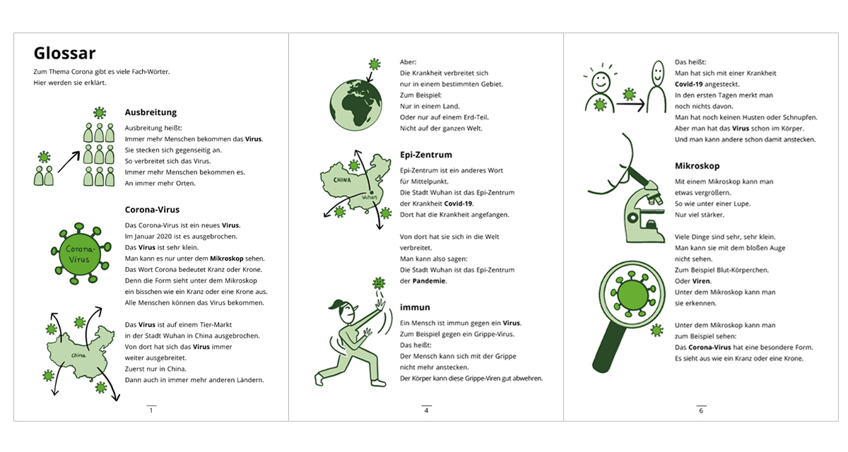 3 A4-Blätter. Titel: Glossar. Zum Thema Corona gibt es viele Fach-Wörter. Hier werden sie erklärt. Ausbreitung. Ausbreitung heißt: Immer mehr Menschen bekommen das Virus. Sie stecken sich gegenseitig an. So verbreitet sich das Virus. Immer mehr Menschen bekommen es. An immer mehr Orten. Bild: Eine kleine Gruppe mit Corona-Virus wächst zu einer größeren Gruppe mit dem Virus an. Corona-Virus. Das Corona-Virus ist ein neues Virus. Im Januar 2020 ist es ausgebrochen.Das Virus ist sehr klein. Man kann es nur unter dem Mikroskop sehen. Das Wort Corona bedeutet Kranz oder Krone. Denn die Form sieht unter dem Mikroskop ein bisschen wie ein Kranz oder eine Krone aus. Alle Menschen können das Virus bekommen. Bild: Virus mit typischer Kranzform. Das Virus ist auf einem Tier-Markt in der Stadt Wuhan in China ausgebrochen. Von dort hat sich das Virus immer weiter ausgebreitet. Zuerst nur in China. Dann auch in immer mehr anderen Ländern. Bild: Karte von China. es gehen vier Pfeile davon in die Nachbarländer die das Corona-Virus raustragen. Epidemie: Epidemie heißt: Eine Krankheit breitet sich schnell aus. Viele Menschen bekommen die Krankheit in kurzer Zeit.Die Krankheit verbreitet sich nur in einem bestimmten Gebiet. Zum Beispiel: Nur in einem Land. Oder nur auf einem Erd-Teil. Nicht auf der ganzen Welt. Bild: Erde. Auf eine begrenzte Stelle zeigt ein Pfeil mit dem Virus. Epi-Zentrum. Epi-Zentrum ist ein anderes Wort für Mittelpunkt. Die Stadt Wuhan ist das Epi-Zentrum der Krankheit Covid-19. Dort hat die Krankheit angefangen. Von dort hat sie sich in die Welt verbreitet. Man kann also sagen: Die Stadt Wuhan ist das Epi-Zentrum der Pandemie. Bild: Karte Chinas mit Stadt Wuhan. Von ihr gehen drei Pfeile in verschiedene Richtungen mit dem Virus. immun. Ein Mensch ist immun gegen ein Virus. Zum Beispiel gegen ein Grippe-Virus. Das heißt: Der Mensch kann sich mit der Grippe nicht mehr anstecken. Der Körper kann diese Grippe-Viren gut abwehren. Bild: Eine Frau im Sportanzug kämpft mit dem Virus und schlägt ihn kraftvoll weg. Inkubations-Zeit. Inkubations-Zeit ist ein anderes Wort für Ansteckungs-Zeit. Das heißt: Man hat sich mit einer Krankheit Covid-19 angesteckt. In den ersten Tagen merkt man noch nichts davon. Man hat noch keinen Husten oder Schnupfen. Aber man hat das Virus schon im Körper. Und man kann andere schon damit anstecken. Bild: Eine Person, die den Virus im Körper hat, sich aber gut fühlt, steckt eine andere gesunde Person damit an. Mikroskop. Mit einem Mikroskop kann man etwas vergrößern. So wie unter einer Lupe. Nur viel stärker. Viele Dinge sind sehr, sehr klein. Man kann sie mit dem bloßen Auge nicht sehen. Zum Beispiel Blut-Körperchen. Oder Viren. Unter dem Mikroskop kann man sie erkennen. Unter dem Mikroskop kann man zum Beispiel sehen: Das Corona-Virus hat eine besondere Form. Es sieht aus wie ein Kranz oder eine Krone. Bilder: Jemand schaut in ein Mikroskop. Eine Lupe vergrößert das Corona-Virus.