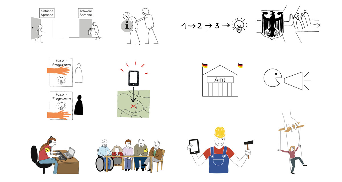 12 Illustrationen in verschiedenen Stilen. Bild 1: Ein Strichmännchen geht froh durch eine offene Tür mit Aufschrift