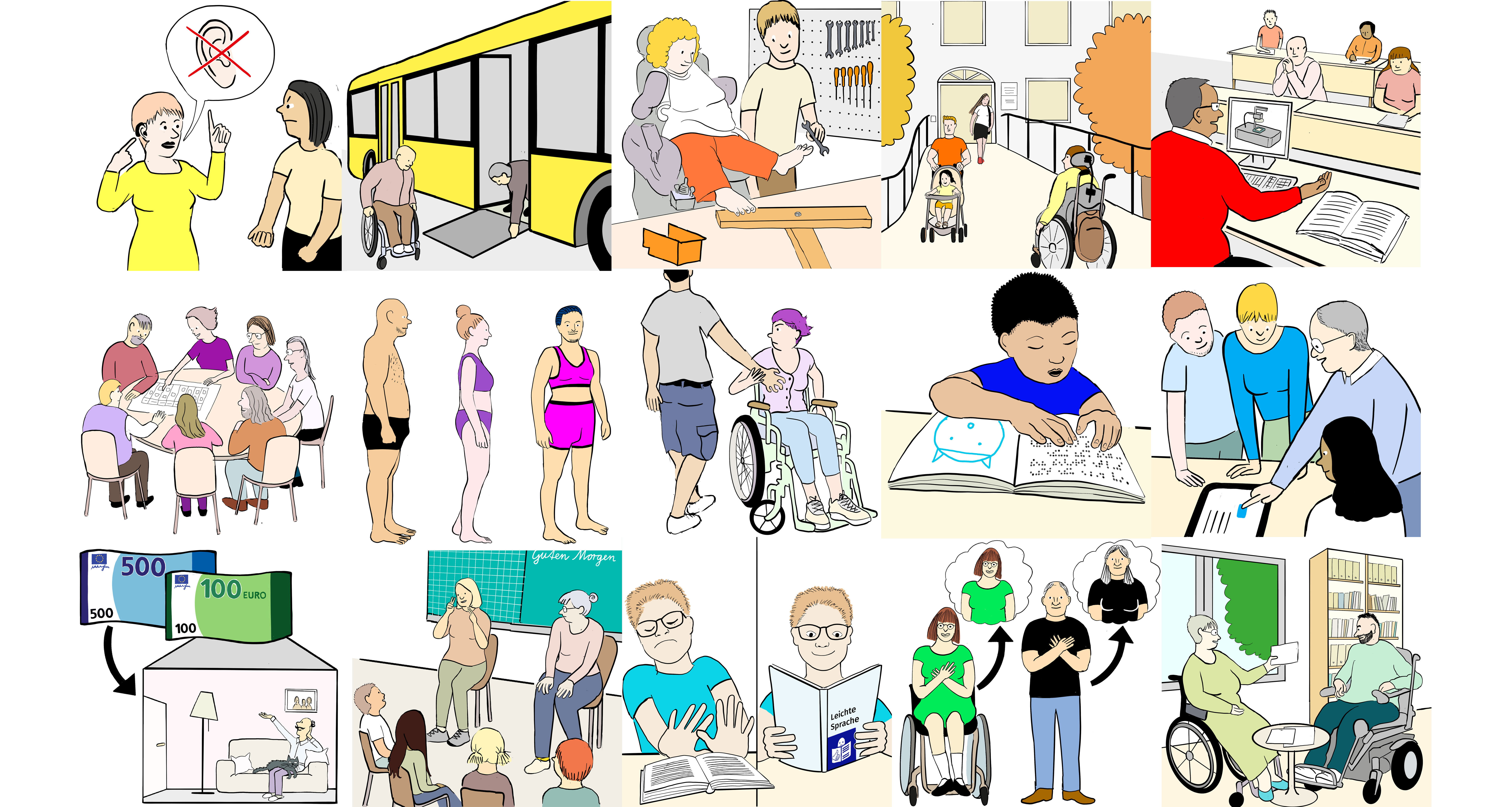 In dieser Zeichnung sind 16 verschiedene digitale Zeichnungen in vier Reihen nebeneinander angeordnet. Die Seite ist sehr voll und bunt. Die Bilder sind in drei Reihen angeordnet und ihre Farben bilden nebeneinander einen Regenbogen. Man sieht zB einen Rollstuhlfahrer vor einer Busranpe, eine Frau, die mit einem Bein ein Werkzeug bedient, einen barrierefreien Hauseingang, Menschen mit diversen Geschlechtern, eine Schulklasse mit Gebärdensprachdolmetscherin, einen blinden Jungen beim Lesen von Braullebuchstaben.