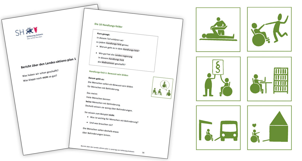 Piktogramme und Textgestaltung für den Bericht zum Landesaktionsplan Schleswig-Holstein in leichter Sprache zu den Themenbereichen Arbeit, Mobilität, Bildung, Wohnen, Bewusstseinsbildung, Freizeit, Mitbestimmen, Rechte und Gesundheit
