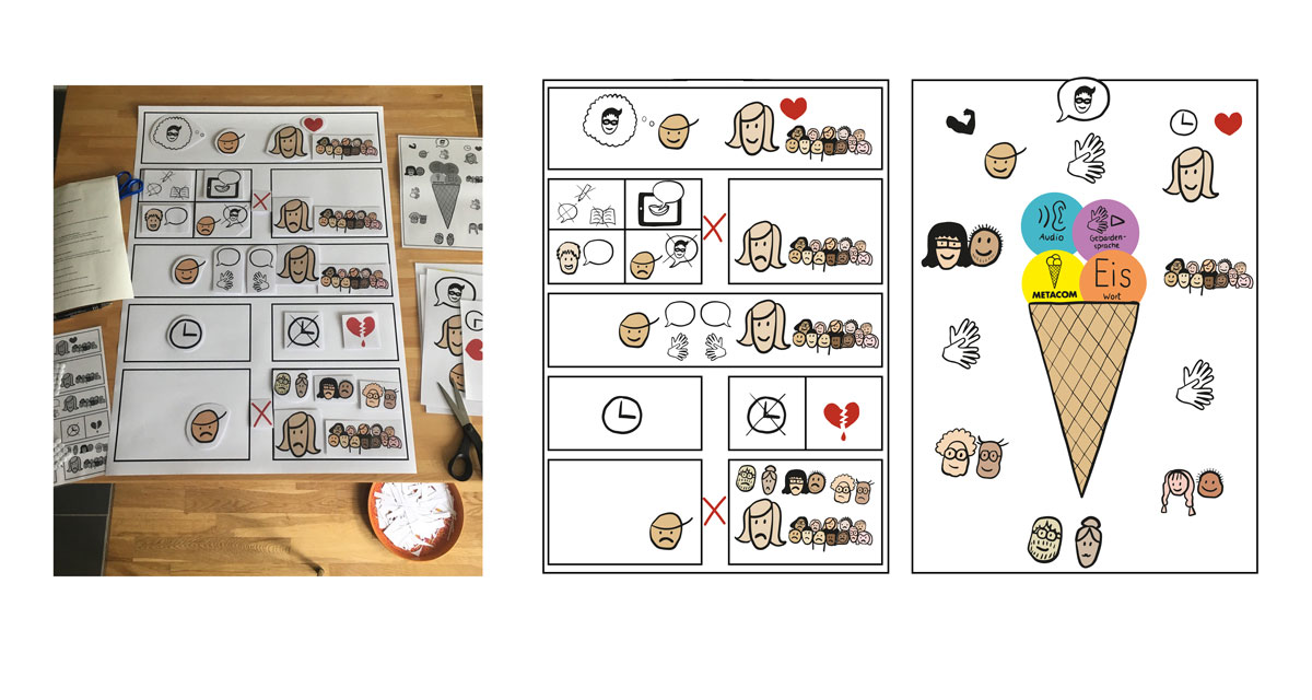 zwei Plakate A1. 1: Panels in 5 Zeilen wie in eine Comic. Darin sind iIons und Köpfe abgebildet, alles sehr minimal gezeichnet. Der Kopf eines Schülers, der von einem Superhelden träumt. Und der seiner Lehrerein, die mit Herzblut unterrichtet. Der Schüler kann shlecht kommunizieren, weil er nicht sprechen, lesen oder schreiben kann. Er benutzt einen Talker zum Sprechen und hat einen Assistenten. Die Lehrerin ist unglüchlich darüber. Dann entdeckenn sie, dass sie mit gebärden kommunizieren können. Leiderfehlt der Lehrerin die Zeit, sich und ihren Schülern Gebärdensprache beizubringen. Ihr herz blutet. Plakat 2: großes Kugeleis mit 4 Kugeln, in denen jeweils steht: Metacom, Wort, Audio und Gebärdenvideo. das ist die EiS-App. Alle beteiligtten (Schüler, Mitschüler, Lehrerein, verwandte und Freunde können damit einfach gebärden lernen und miteinander kommunizeren.